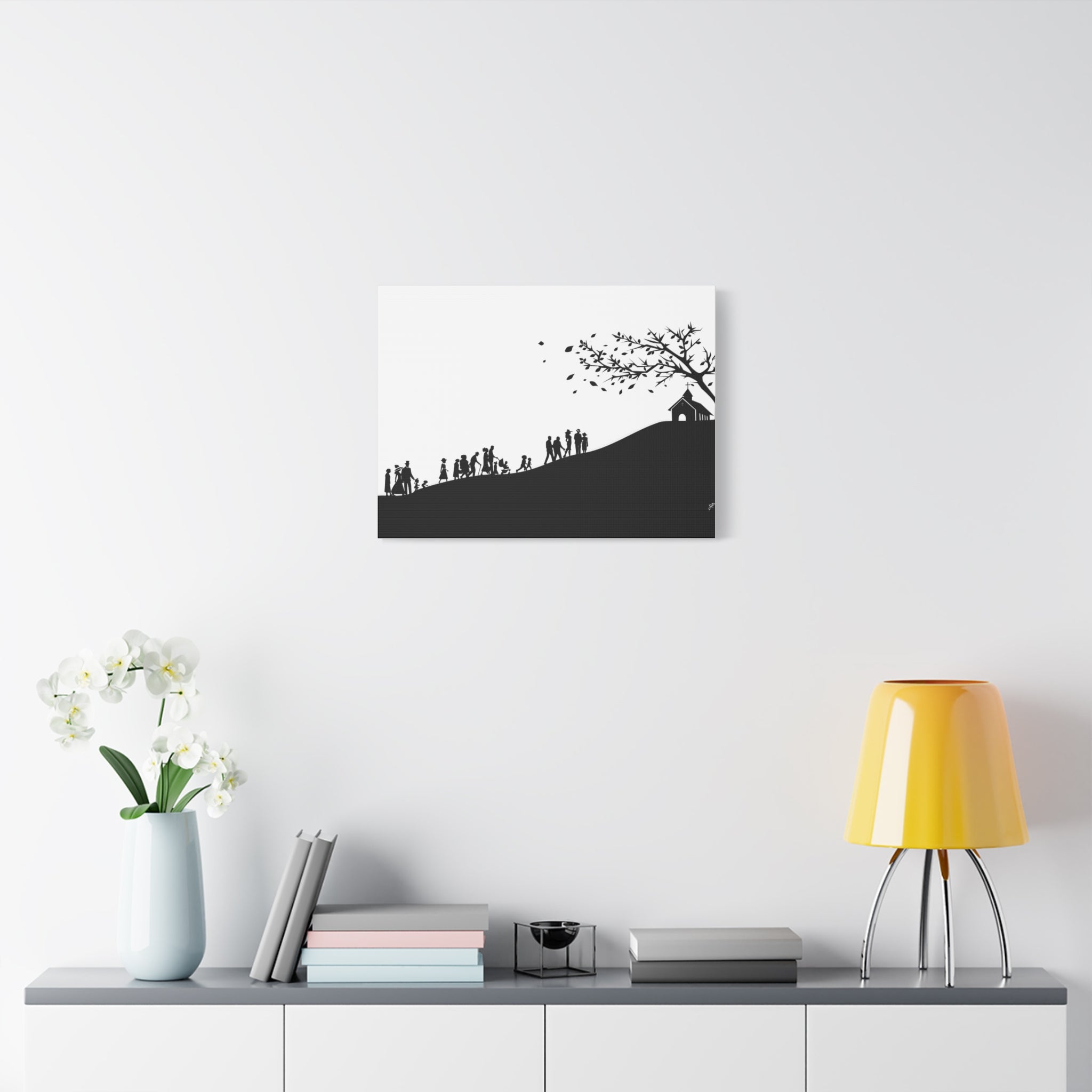 "Ascension" Canvas Print — Black & White Church on a Hill Wall Art
