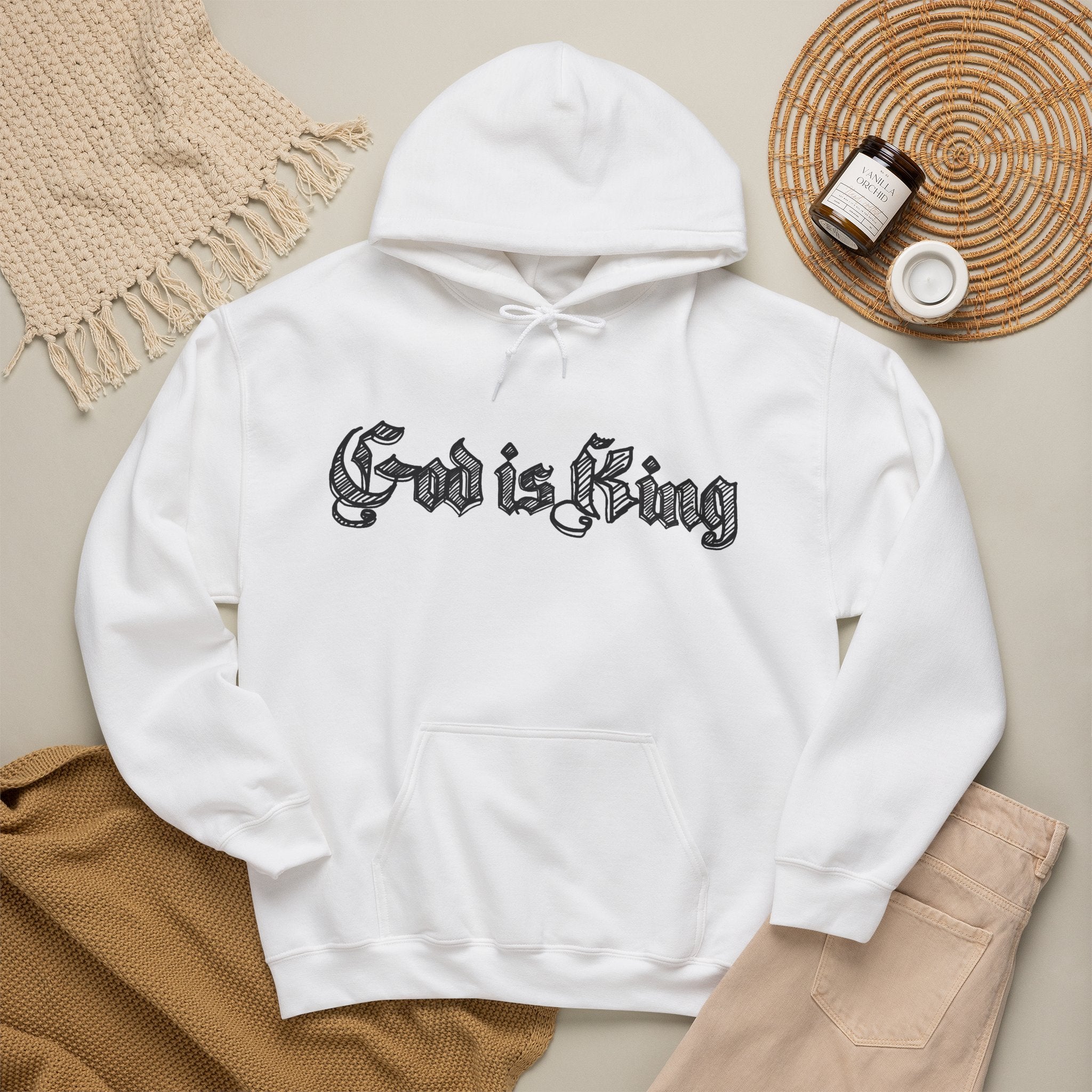 God Is King Hoodie - Gothic Script Religious Pullover