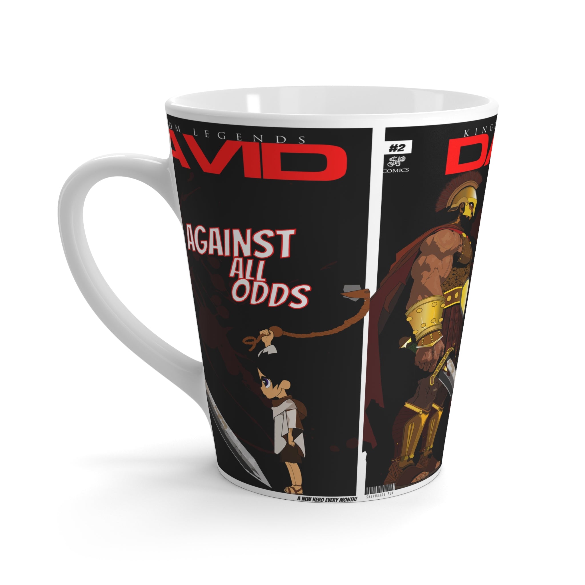 Latte Mug — “David Against All Odds” Inspirational Comic-Style Coffee Mug