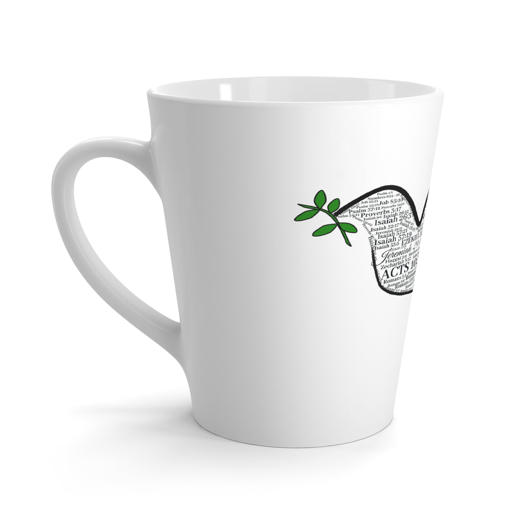 Peace Latte Mug — Dove Silhouette Filled with Bible Verses (Olive Branch Accent)