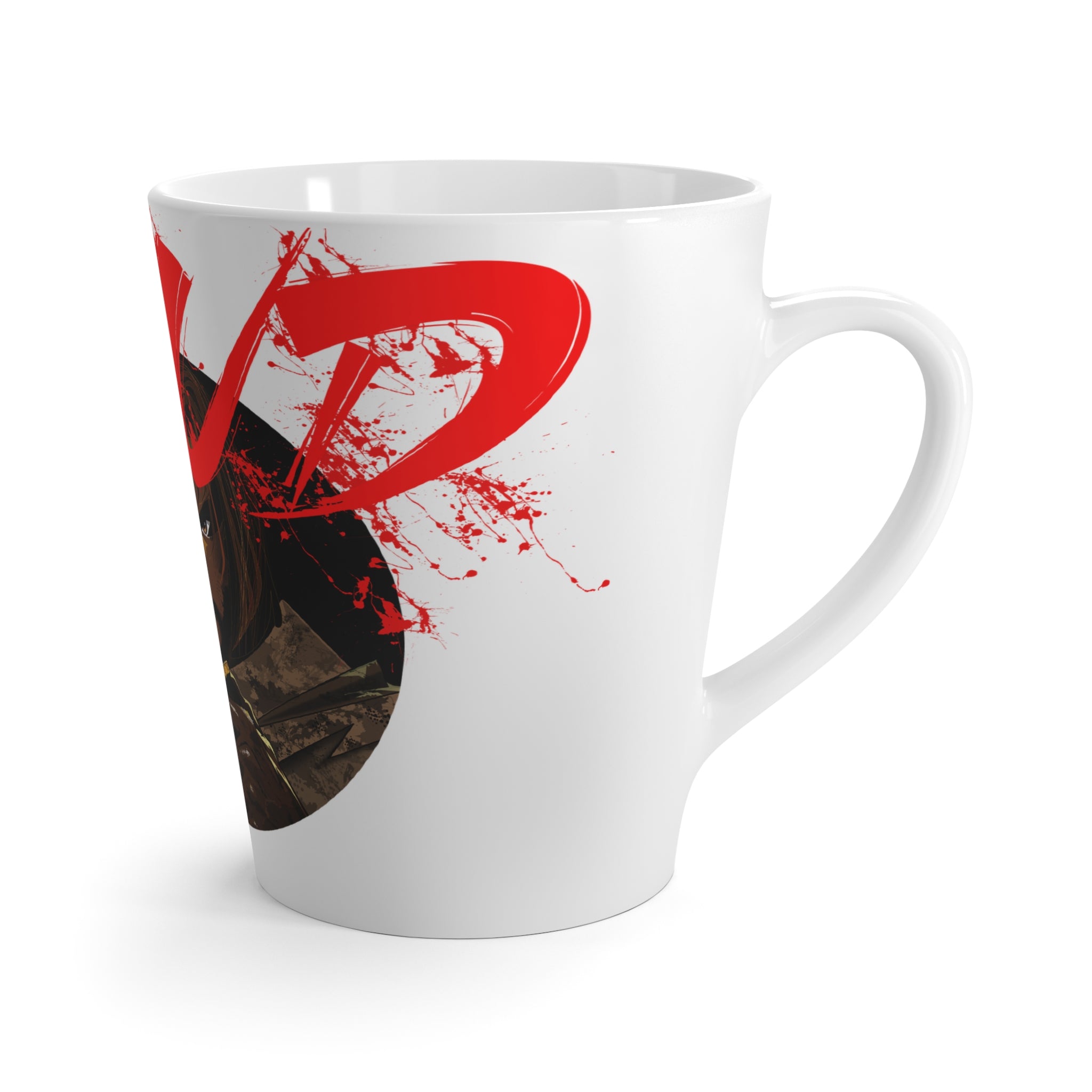 Latte Mug — Bold Warrior Art Latte Mug with Red Brushstroke Design