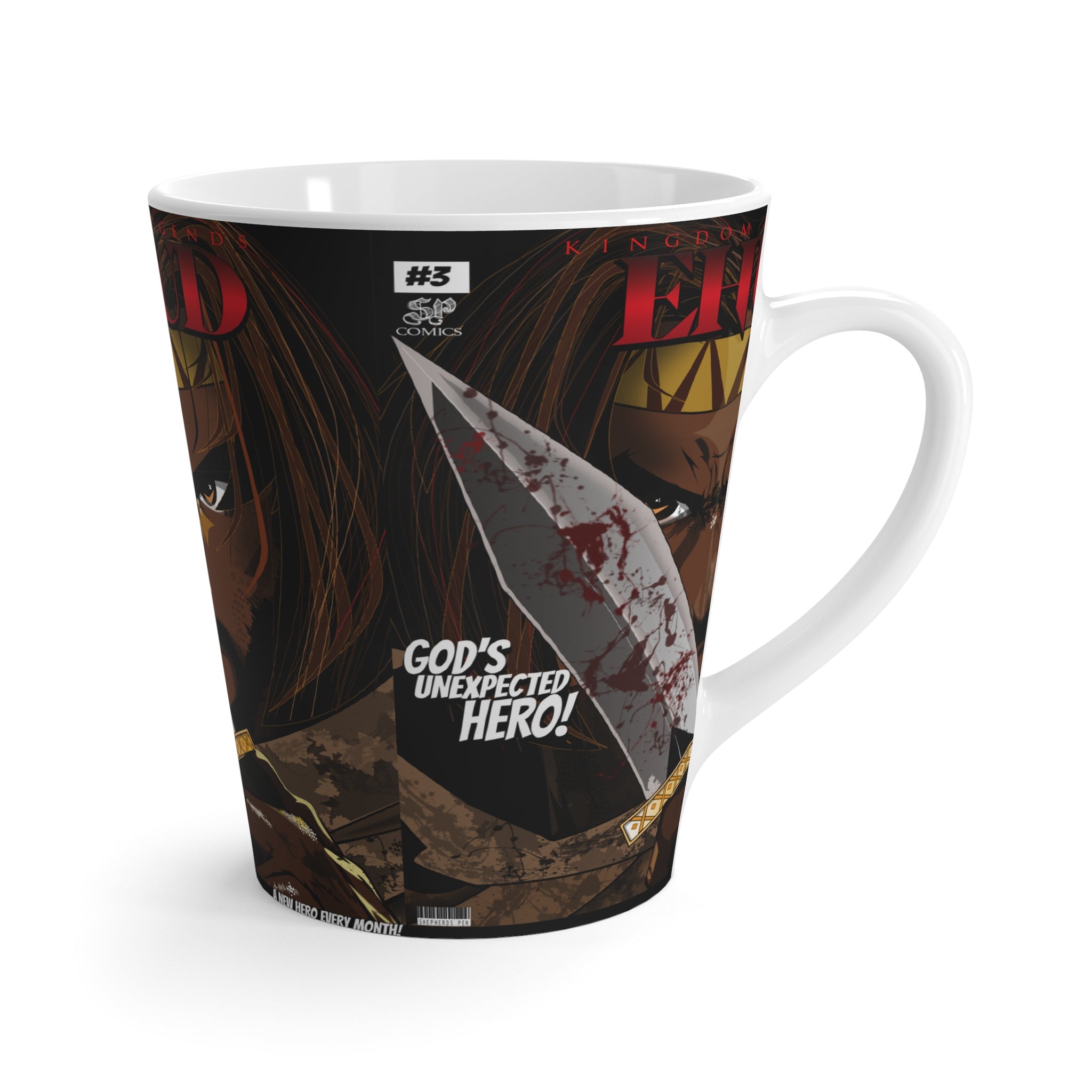 Latte Mug — "God's Unexpected Hero" Comic Art Mug (Sword & Brave Warrior Design)