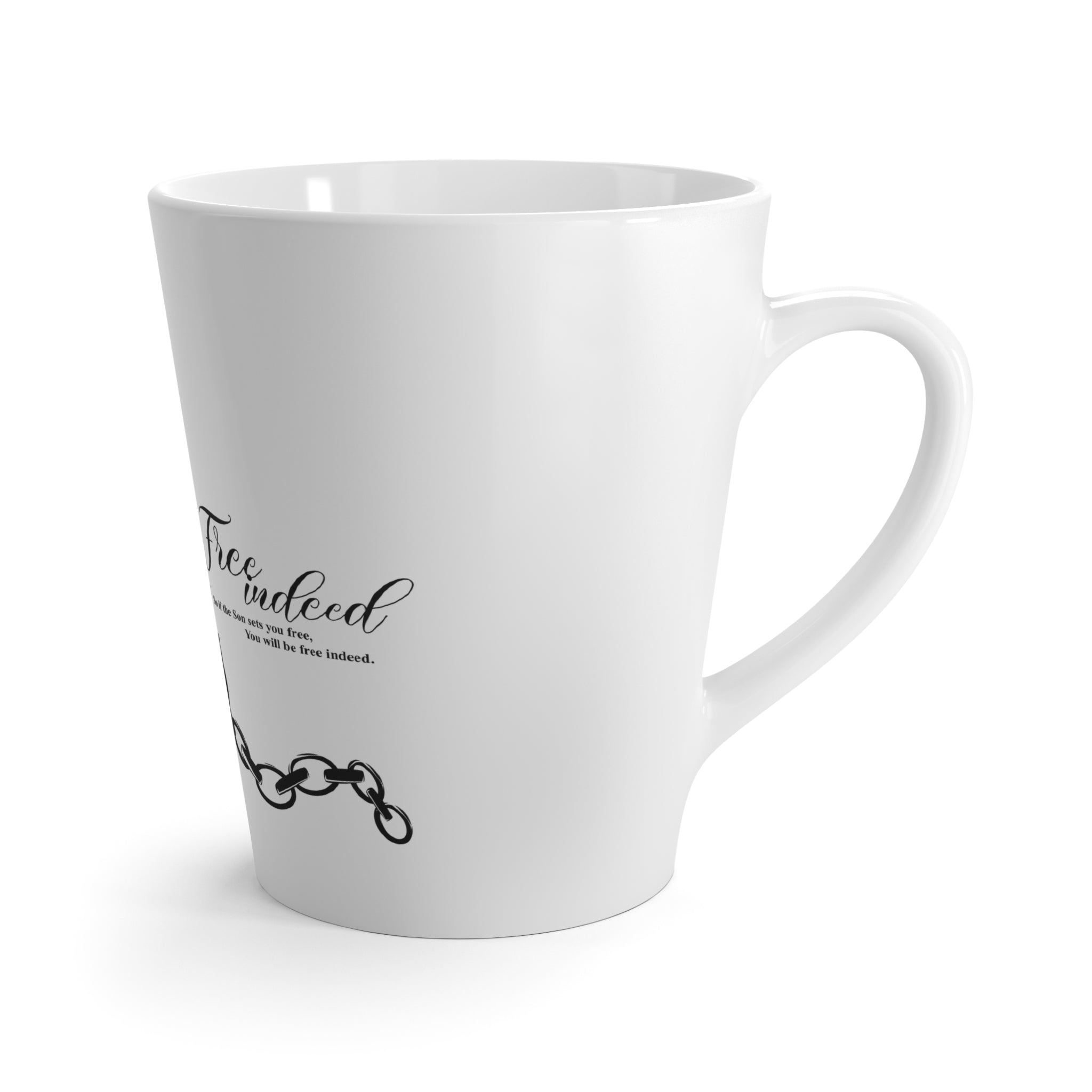 Latte Mug — "Free Indeed" Butterfly & Broken Chains Inspirational Coffee Cup