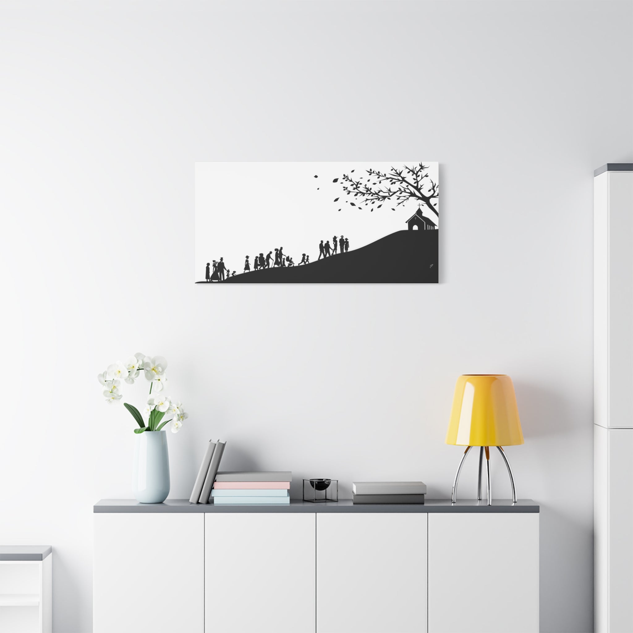 "Ascension" Canvas Print — Black & White Church on a Hill Wall Art