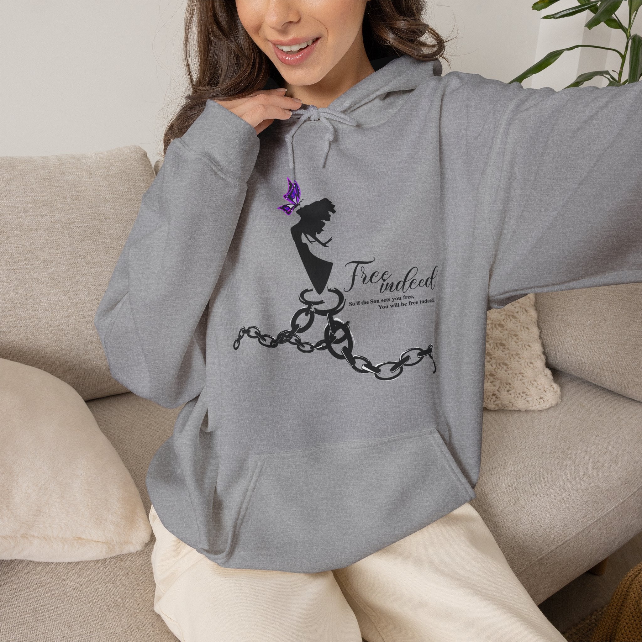Freedom Chains Hoodie — 'Free Indeed' Silhouette with Purple Butterfly