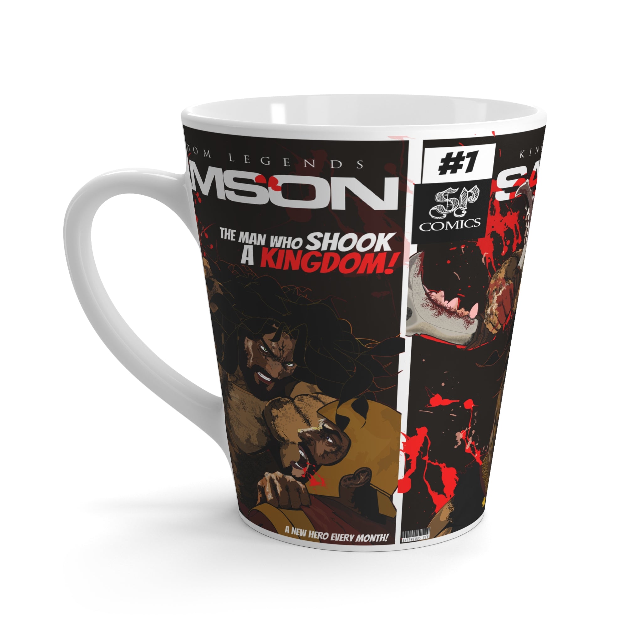 Samson Comic Latte Mug — 'The Man Who Shook a Kingdom' Graphic Coffee Cup