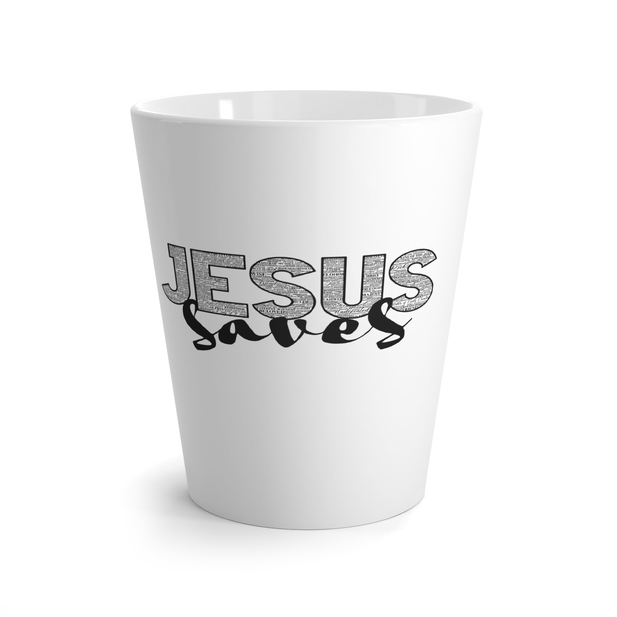 Latte Mug — "Jesus Saves" Christian Coffee Cup (Religious Gift, Church & Faith)
