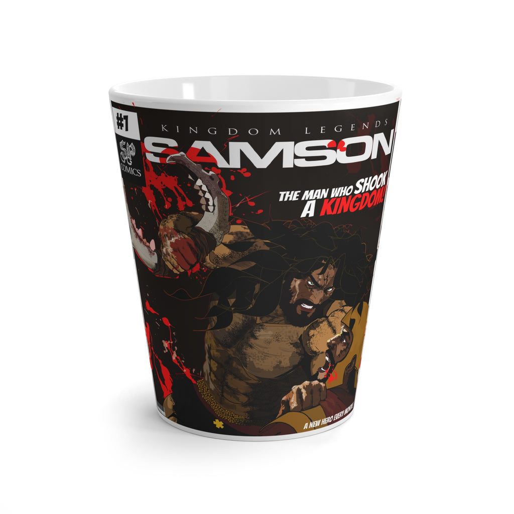 Samson Comic Latte Mug — 'The Man Who Shook a Kingdom' Graphic Coffee Cup