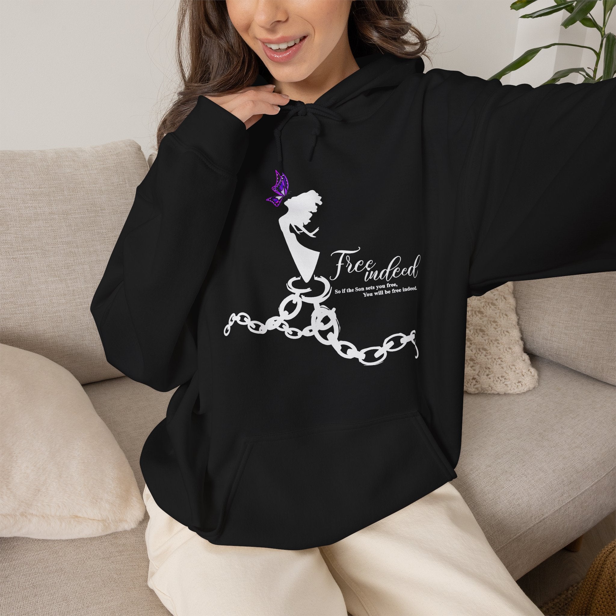 Freedom Chains Hoodie — 'Free Indeed' Silhouette with Purple Butterfly