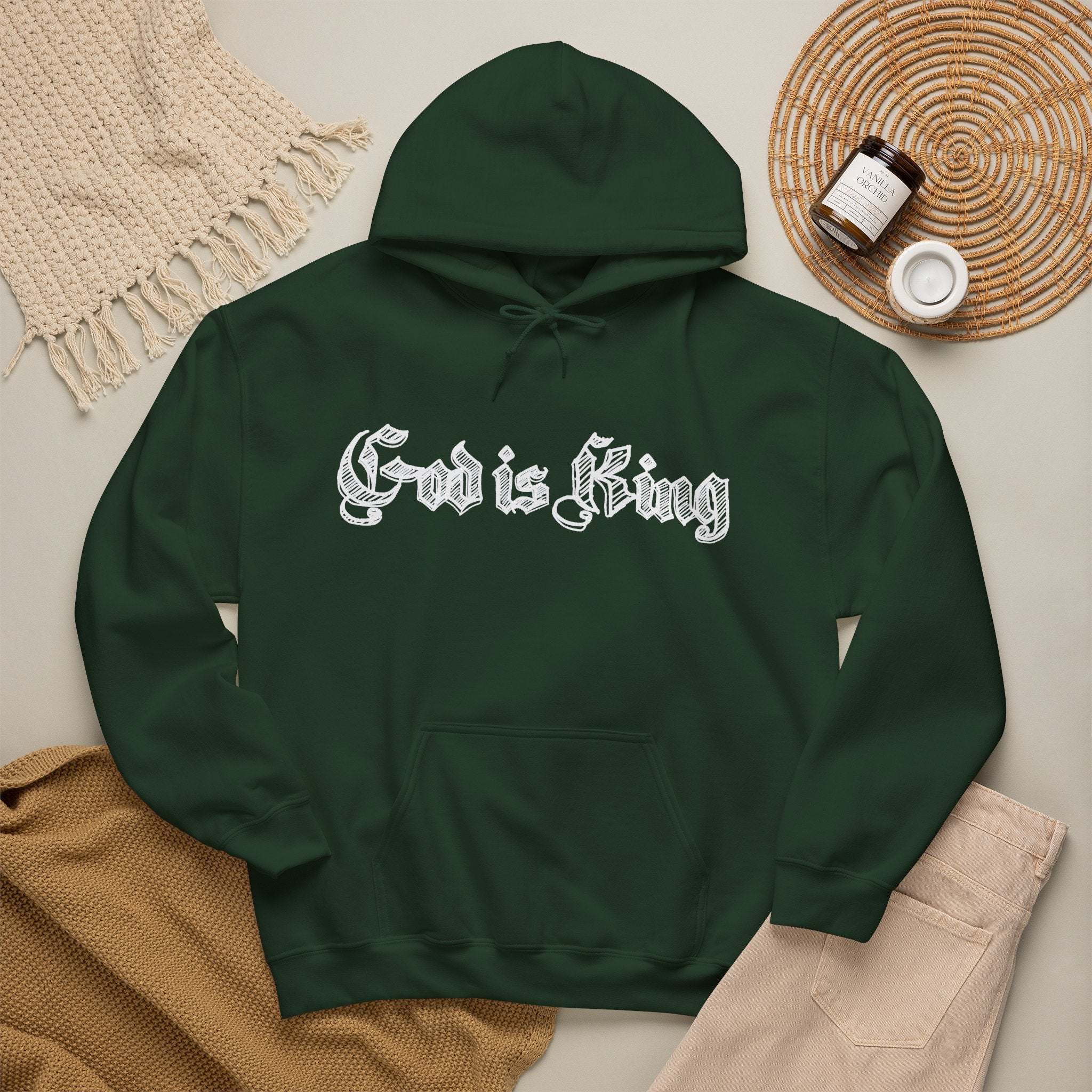 God Is King Hoodie - Gothic Script Religious Pullover