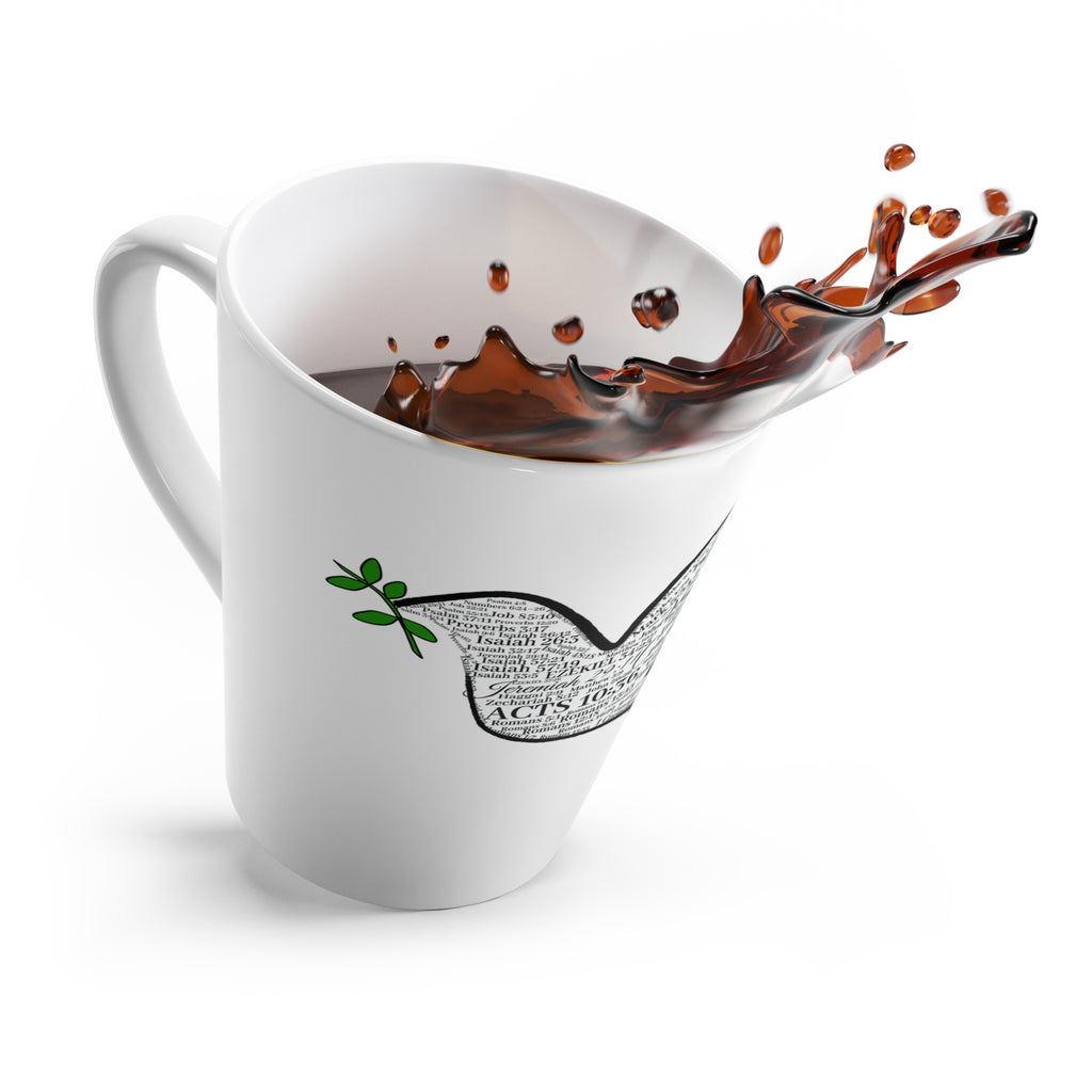 Peace Latte Mug — Dove Silhouette Filled with Bible Verses (Olive Branch Accent)