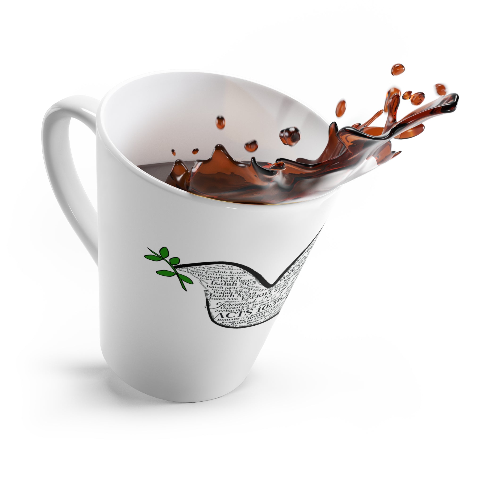 Peace Latte Mug — Dove Silhouette Filled with Bible Verses (Olive Branch Accent)