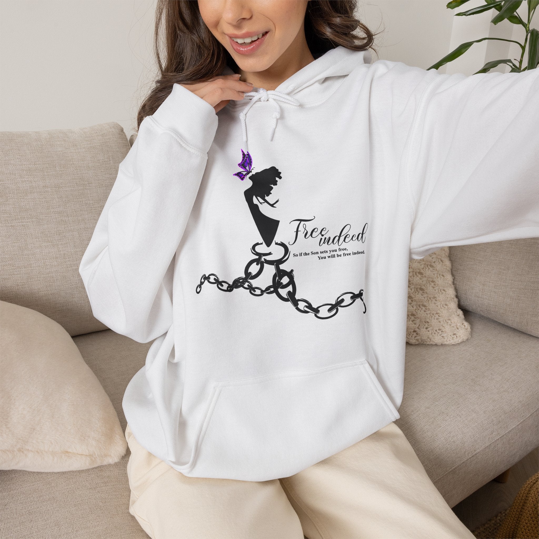 Freedom Chains Hoodie — 'Free Indeed' Silhouette with Purple Butterfly