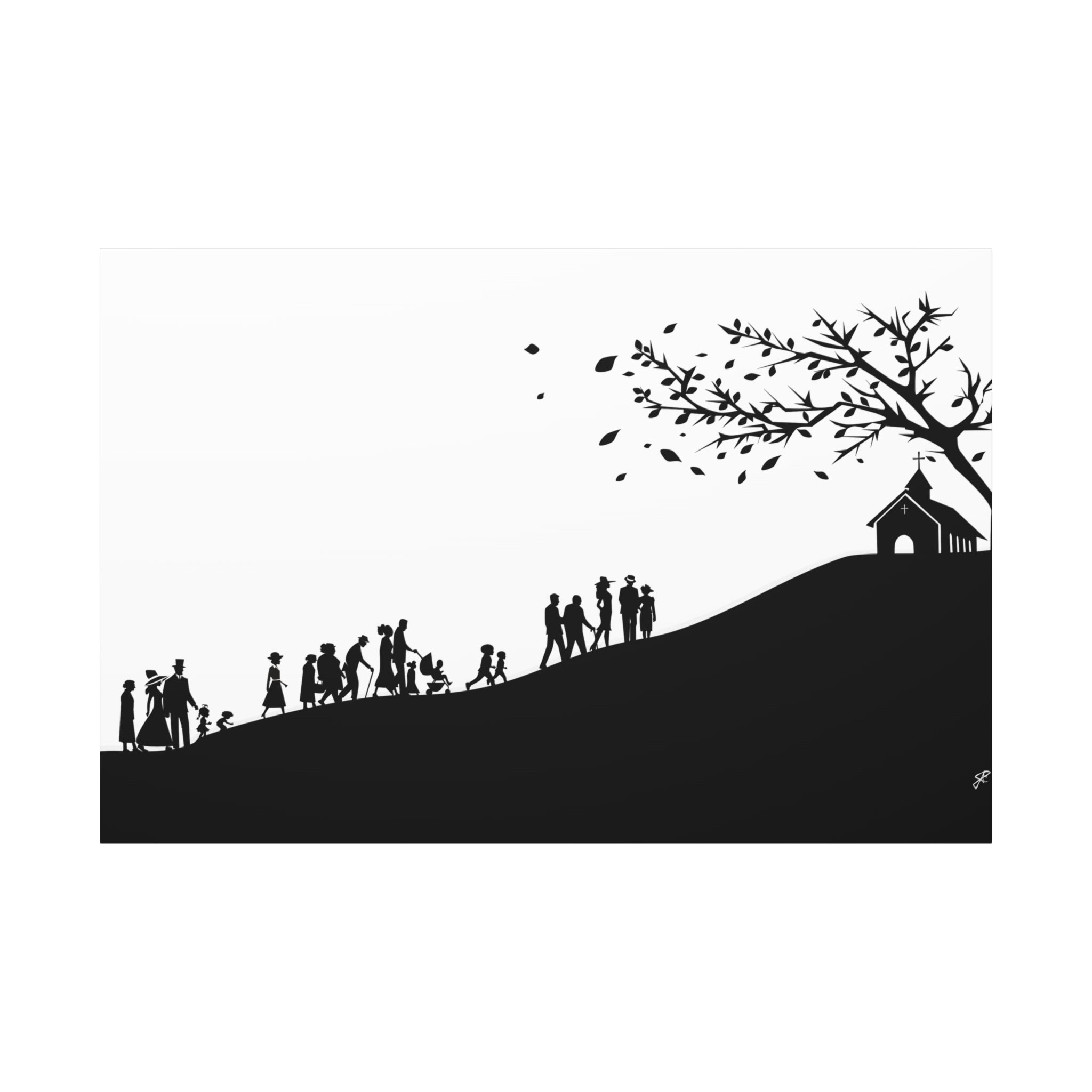 "Ascension" Canvas Print — Black & White Church on a Hill Wall Art