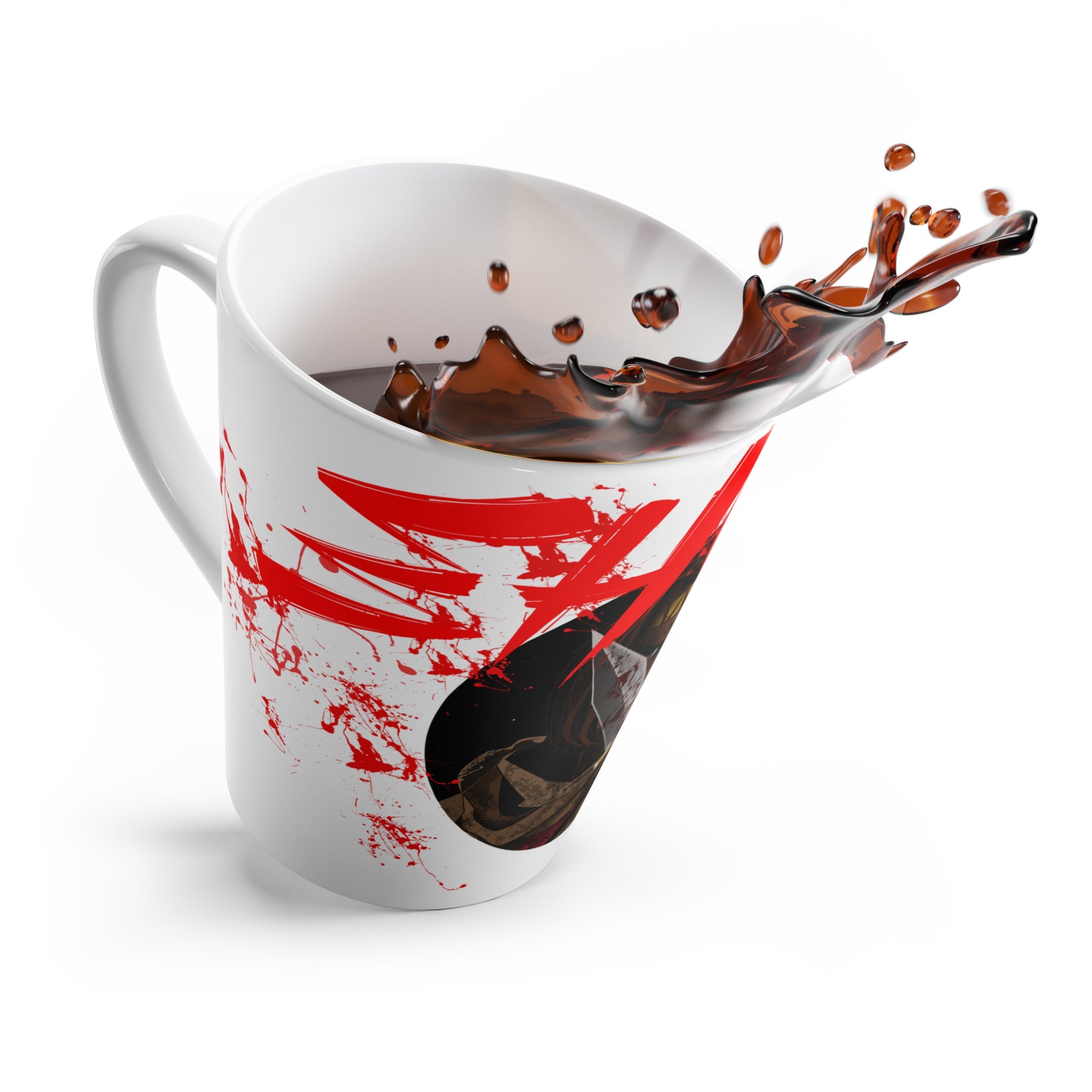 Latte Mug — Bold Warrior Art Latte Mug with Red Brushstroke Design