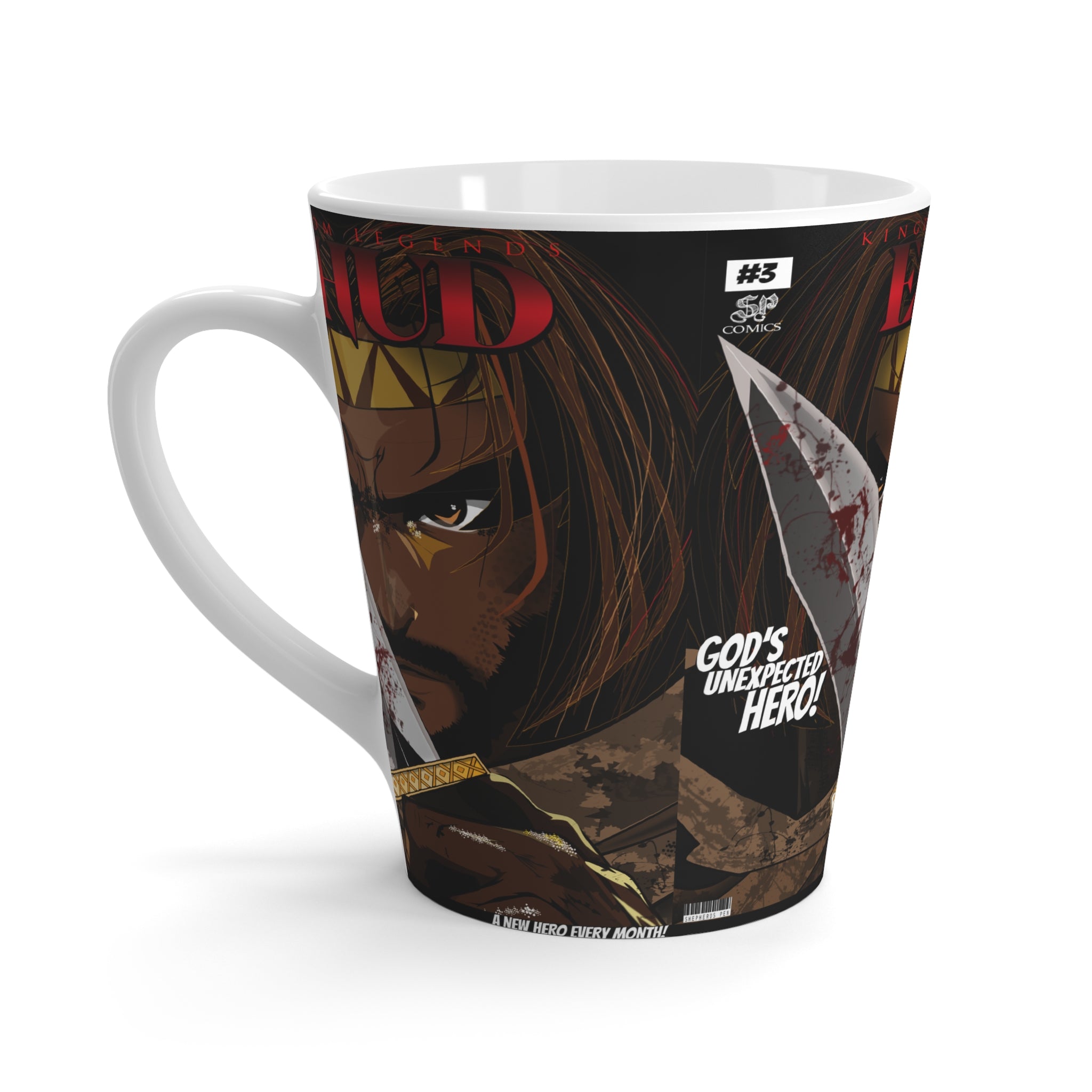 Latte Mug — "God's Unexpected Hero" Comic Art Mug (Sword & Brave Warrior Design)