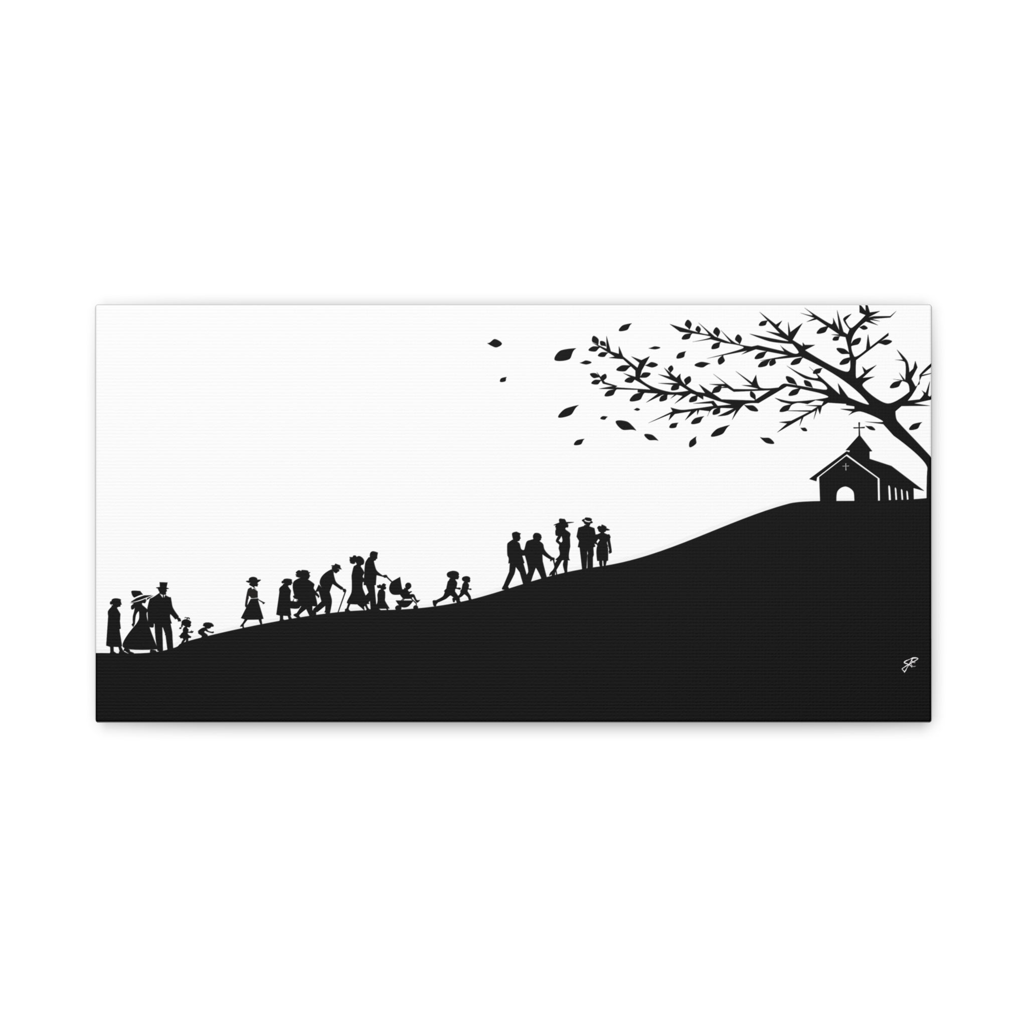"Ascension" Canvas Print — Black & White Church on a Hill Wall Art