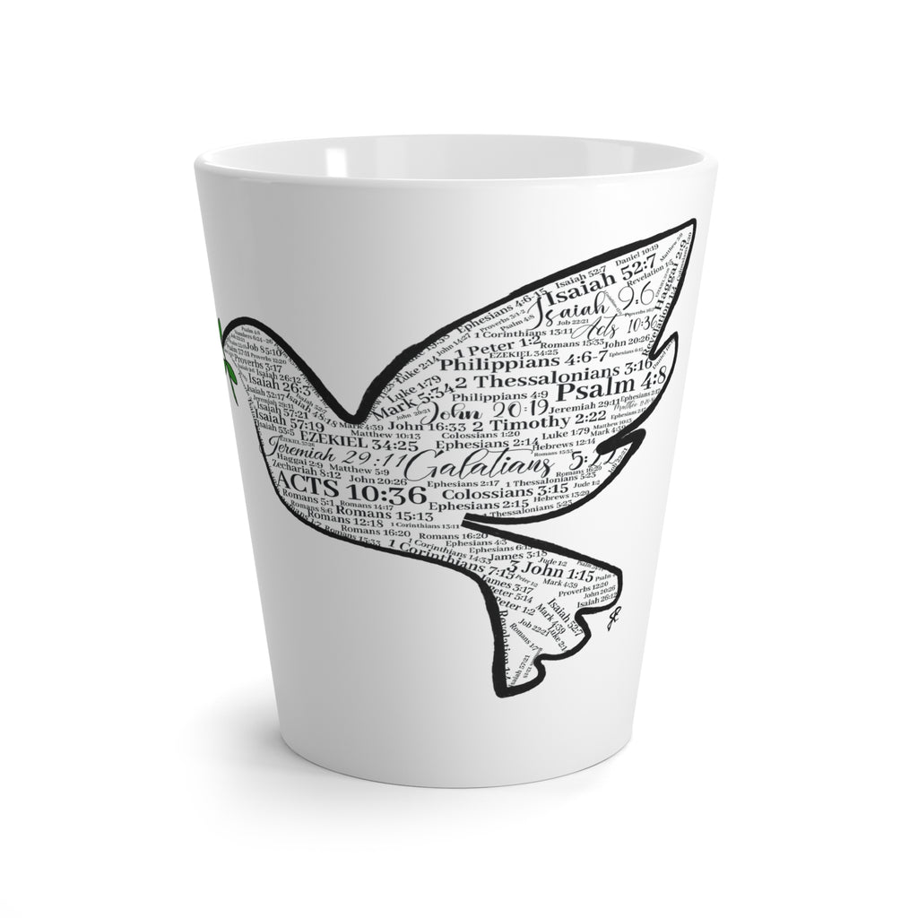 Peace Latte Mug — Dove Silhouette Filled with Bible Verses (Olive Branch Accent)