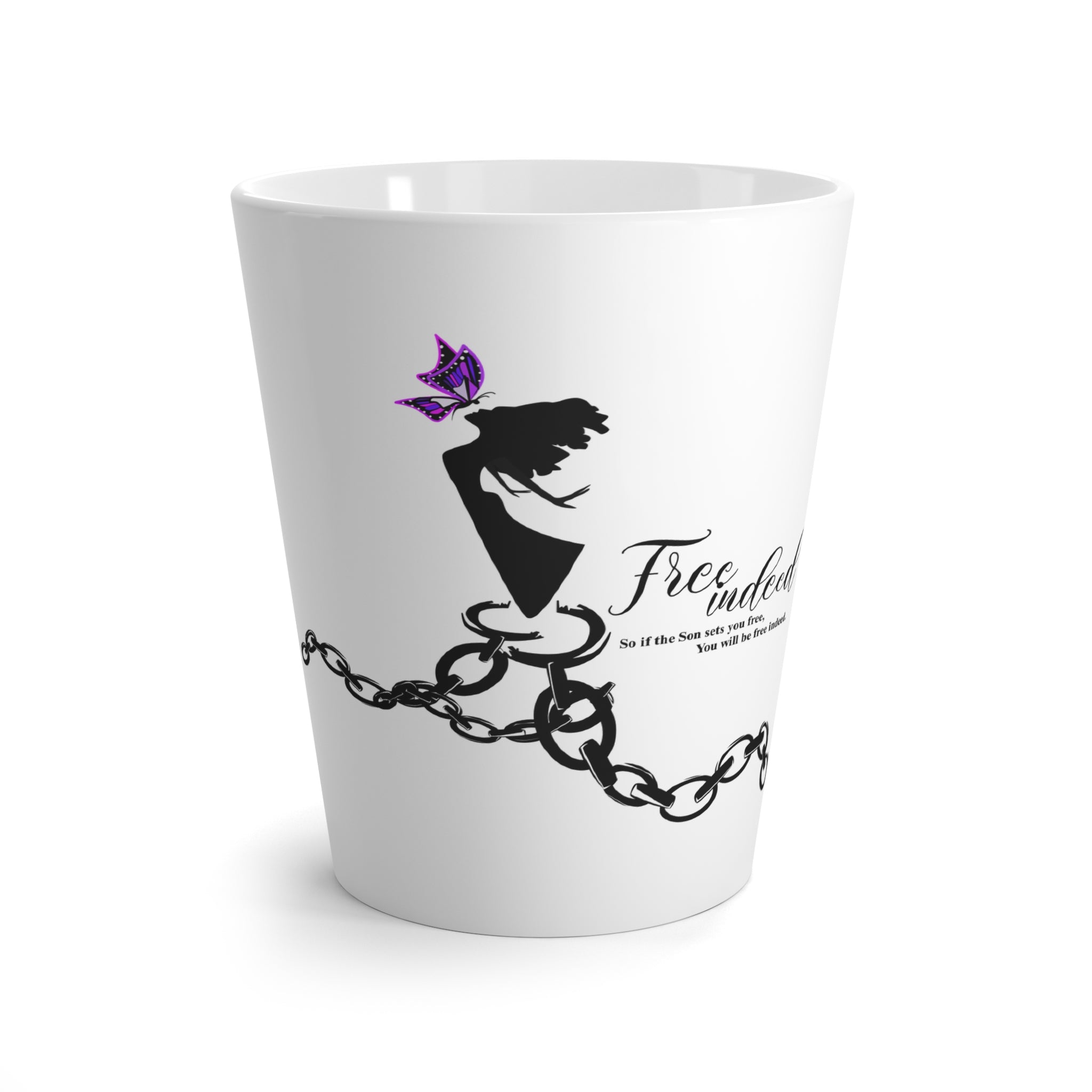 Latte Mug — "Free Indeed" Butterfly & Broken Chains Inspirational Coffee Cup