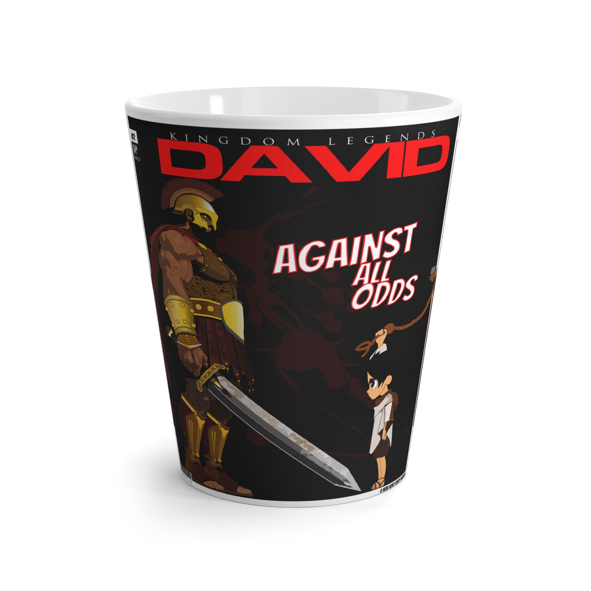 Latte Mug — “David Against All Odds” Inspirational Comic-Style Coffee Mug
