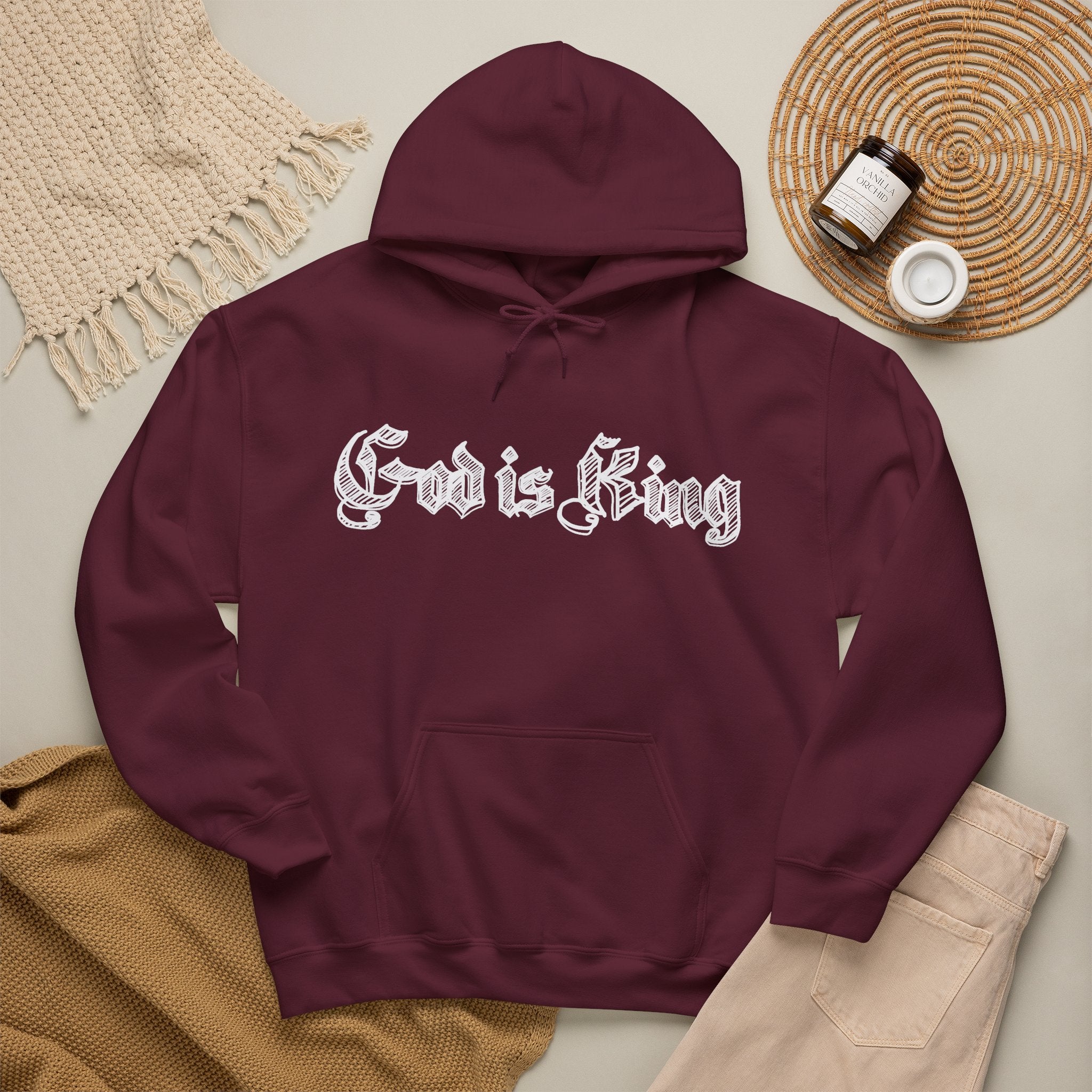 God Is King Hoodie - Gothic Script Religious Pullover