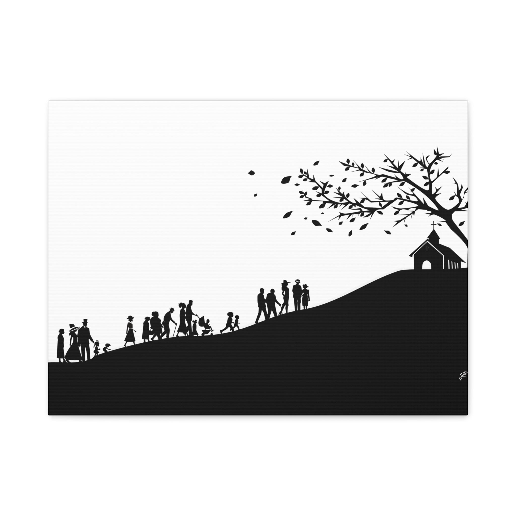 "Ascension" Canvas Print — Black & White Church on a Hill Wall Art