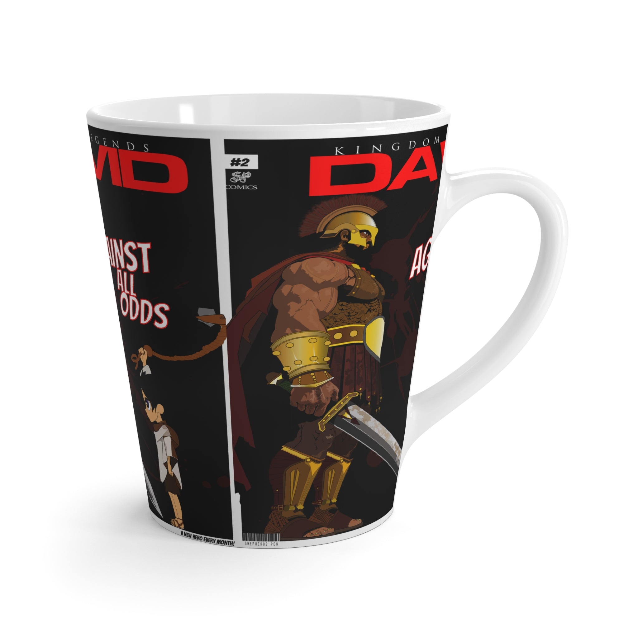 Latte Mug — “David Against All Odds” Inspirational Comic-Style Coffee Mug