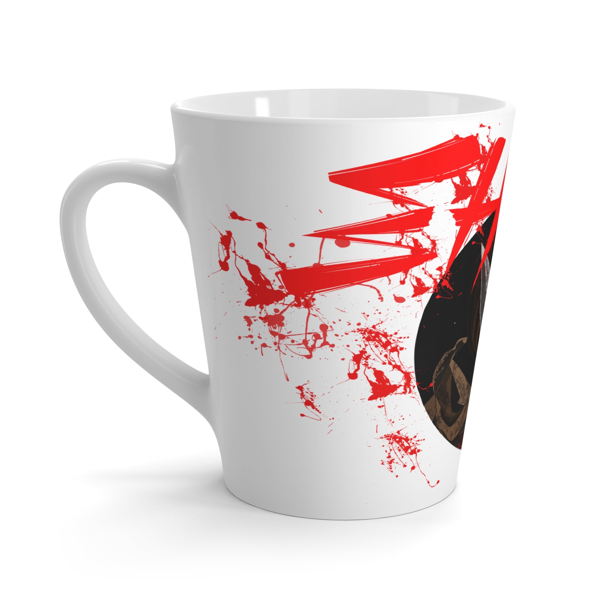 Latte Mug — Bold Warrior Art Latte Mug with Red Brushstroke Design